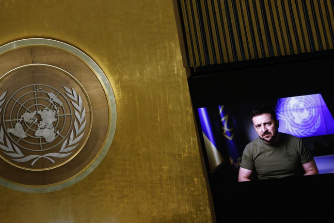 Ukrainian President Volodymyr Zelenskyy from video addresses the 77th session of the United Nations General Assembly, at U.N. headquarters, Wednesday, Sept. 21, 2022. AP/RSS Photo