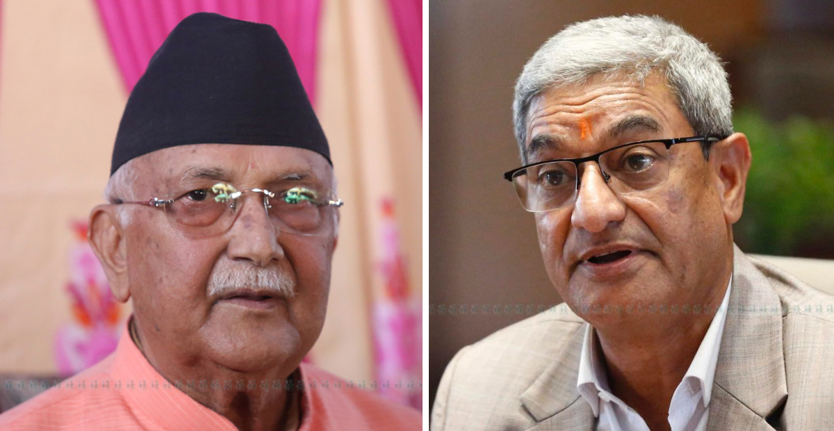 FILE - KP Sharma Oli (left) and Ramesh Lekhak