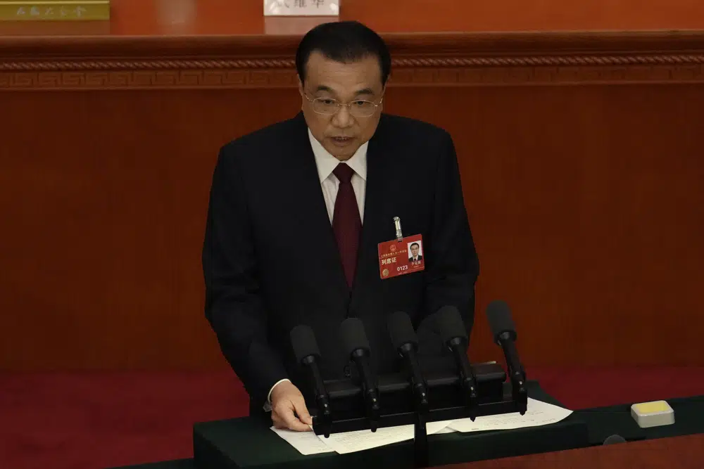 Chinese Premier Li Keqiang delivers his state of the nation address during the opening session of China's National People's Congress (NPC) at the Great Hall of the People in Beijing, Sunday, March 5, 2023.  AP/RSS Photo