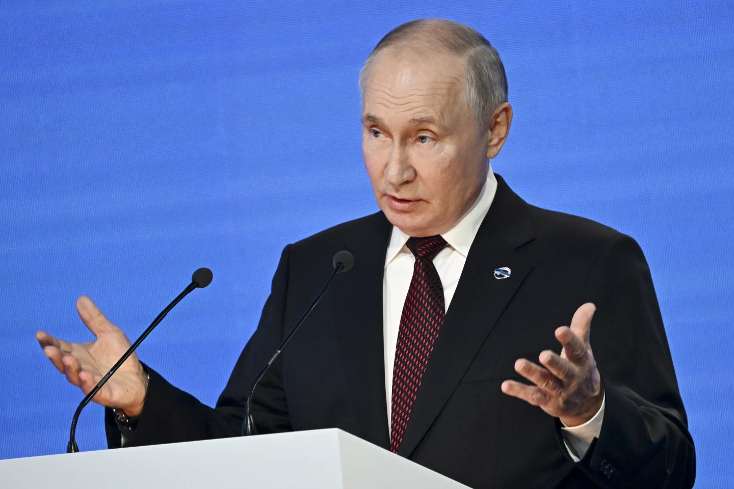 Russian President Vladimir Putin gestures while speaking at the annual meeting of the Valdai Discussion Club in the Black Sea resort of Sochi, Russia, Thursday, Oct 5, 2023. (AP/RSS Photo)