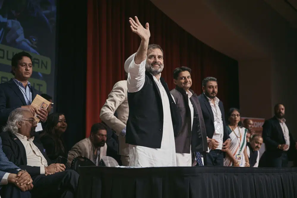 Indian politician Rahul Gandhi, center, waves after his speech at the Javits Center, Sunday, June 4, 2023, in New York. AP/RSS Photo