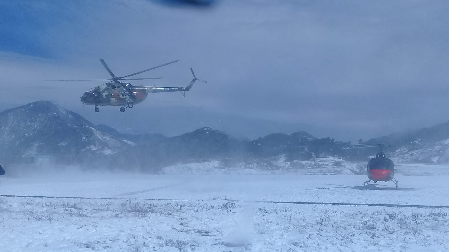 NA helicopter flies from Suketar Airport carrying all seven bodies